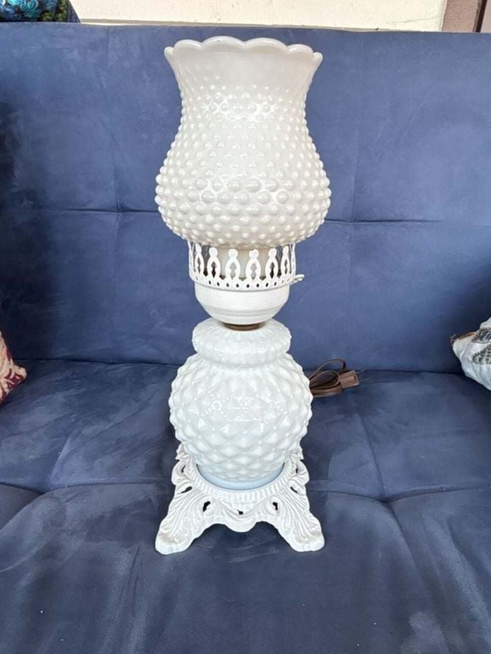 Vintage White Milk Glass Hobnail Hurricane Table Lamp